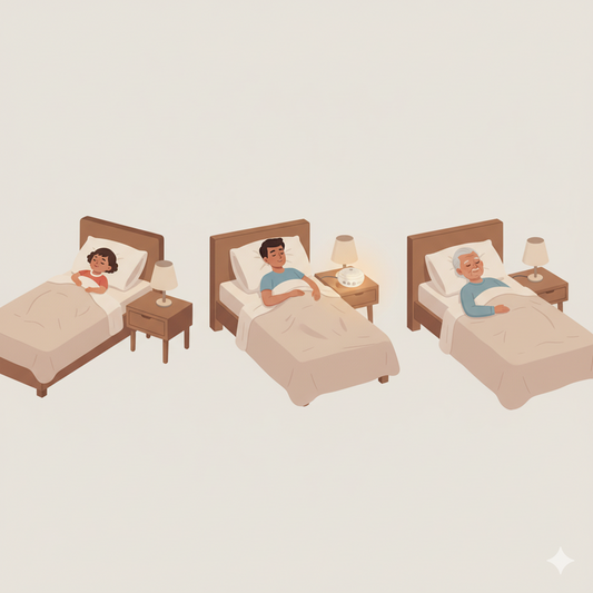 Illustration showing different age groups sleeping peacefully with a Napnest Pro 1 sound machine beside them