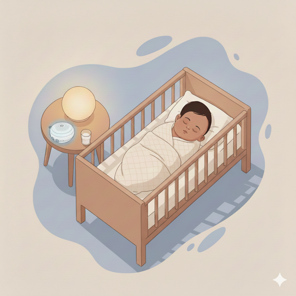 Indian baby sleeping peacefully in a wooden crib beside a softly glowing Napnest Pro 1 white-noise machine