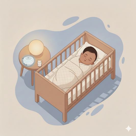 Indian baby sleeping peacefully in a wooden crib beside a softly glowing Napnest Pro 1 white-noise machine