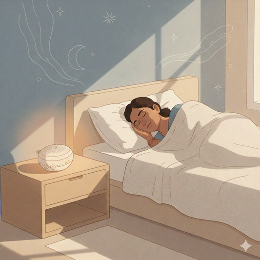 Indian adult sleeping peacefully beside a softly glowing Napnest Pro 1 white-noise sound machine on a bedside table